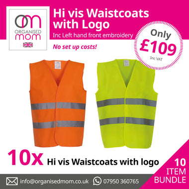 10 x Hi Vis Waistcoats personalised with your custom Logo - Includes left hand front embroidery