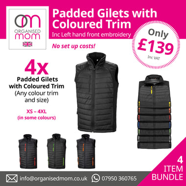 4 x Padded Gilet with Colured Trim -  Customise with your company logo