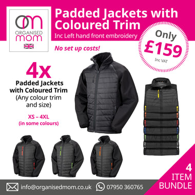 4 x Padded Jacket with Coloured Trim-  Customised with your company logo